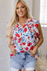 Red Flowers Pintuck Detail V-Neck Ruffled Sleeve Top