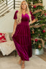 Evergreen Velvet Short Sleeve Shirred Waist Tiered Maxi Dress