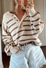 Brown Stripe Ribbed Henley Drop Shoulder Slouchy Sweater