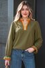 Four Leaf Clover Striped Trim Ruffle Split Neck Long Sleeve Blouse