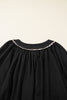 Black Plus Size Notched Neck Leopard Trim Flounce Long Sleeve Shift Dress