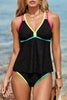 Black Floral Textured Neon Trim V Neck Crisscross Backless Tankini Set