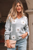 Gray Cute Flower Print V Neck Drop Shoulder Baggy Sweater