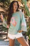 Beige Plaid Floral Peace Heart Graphic Wide Long Sleeve Top