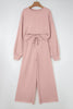 Light Pink Drop Shoulder Puff Sleeve Crop Pullover Drawstring Wide Leg Pants Set