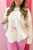 Pink Bow Print Ribbed Trim Exposed Seam Drop Shoulder Loose Sweater