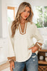 Black Color Block Patchwork Detail V Neck Textured Long Sleeve Blouse