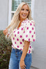 Rose Polka Dot Print Shirred Yoke Notched Neck Balloon Sleeve Blouse
