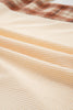 Beige Waffle Textured V Neck Plaid Colorblock Drop Shoulder Long Sleeve Top