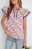 Pink Floral Print Contrast Trim V Neck Double Ruffled Short Sleeve Blouse
