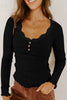 Skobeloff Lace Neckline Button Decor Lettuce Edge Long Sleeve Ribbed Top