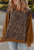 Brown Leopard Floral Print Ribbed Puff Sleeve Patchwork Loose Pullover