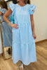 Sky Blue Knot Back Ruffled Short Sleeve Gingham Maxi Dress