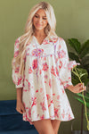 Pink Floral Print Balloon Sleeve V Neck Babydoll Mini Dress