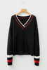 Black Contrast Striped Trim V Neck Drop Shoulder Sweater
