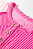 Bright Pink Twisted Ribbed Color Block Patchwork Henley Short Sleeve T Shirt
