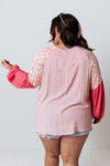 Pink Contrast Floral Patchwork Long Sleeve Plus Size Blouse