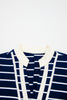 Blue Stripe Stand Collar V Neck Elastic Cuffs Half Sleeve Dolman Top