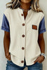 Beige Denim Patchwork Short Sleeve Ribbed Shirt