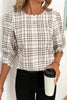 White Plaid Print Frilled Puffy Half Sleeve Blouse