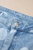 Sky Blue Polka Dot Ankle-Length Metal Button Casual Jeans