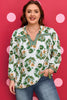 Green Plus Size Floral Printed Contrast Patchwork Detail Tassel Tie 3/4 Sleeve Blouse