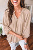 Parchment V Neck Gathered Cuff Three Quarter Sleeve Blouse