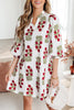 White Floral Print V Neck 3/4 Sleeve Loose Mini Dress
