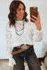 White Ruffled Round Neck Long Flounce Sleeve Sheer Lace Blouse