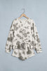 Gray Western Print Raw Hem Long Sleeve Top Drawstring Shorts Set