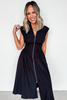 Black Sleeveless Zipped Front V Neck Shirred Waist Maxi Dress