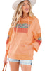 Grapefruit Orange Plaid Floral Patchwork Kangaroo Pocket Hooded Long Sleeve Top