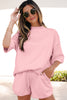 Light Pink Solid Color Exposed Seam Mock Neck Oversize Tee Casual Shorts 2pcs Outfit