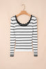 Black white Scalloped Trim U Neck Striped Ribbed Slim Sweater
