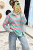 Pink Stripe Colorblock Drop Shoulder Buttoned Collar Side Slit Pullover Top