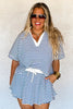 Blue Stripe Short Sleeve Collared V Neck Top Plus Size Skort Set