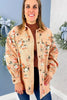 Khaki Floral Print Long Sleeve Denim Jacket Shift Silhouette Tunic Length Casual Daily Wear