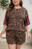Brown Retro Leopard Print Contrast Varsity Stripe Trim Plus Size 2pcs Short Set