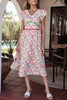 Pink Floral Print Contrast Trim V Neck Short Sleeve Elegant Midi Dress