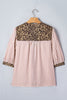 Pink Stripe Leopard Trim V Neck Button Down Half Sleeve Shirt
