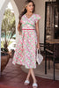 Pink Floral Print Contrast Trim V Neck Short Sleeve Elegant Midi Dress
