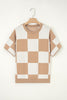 Light French Beige Checkered Pattern Loose Drop Shoulder Half Sleeve Sweater