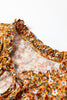 Orange Boho Floral Ruffled Bubble Sleeve V Neck Fall Blouse