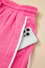 Bright Pink Textured Color Block Trim Loose Tee Drawstring Shorts 2pcs Set