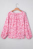 Pink Floral Puff Sleeve Split Neck Lightweight Blouse