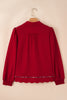 Fiery Red Collar V Neck Leopard Contrasted Trim Textured Blouse