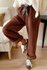 Black Fleece Lined Leopard Drawstring Elastic Waist Solid Pants