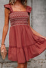 Red Sandalwood Geometric Stitch Shirred Bodice Ruffled Trim Sleeveless Mini Dress
