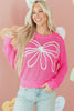 Sachet Pink Sweet Bow Decor Hollow Out Knitted Drop Shoulder Sweater