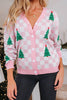 Red Checkered Christmas Tree Pattern Button V Neck Cardigan Sweater